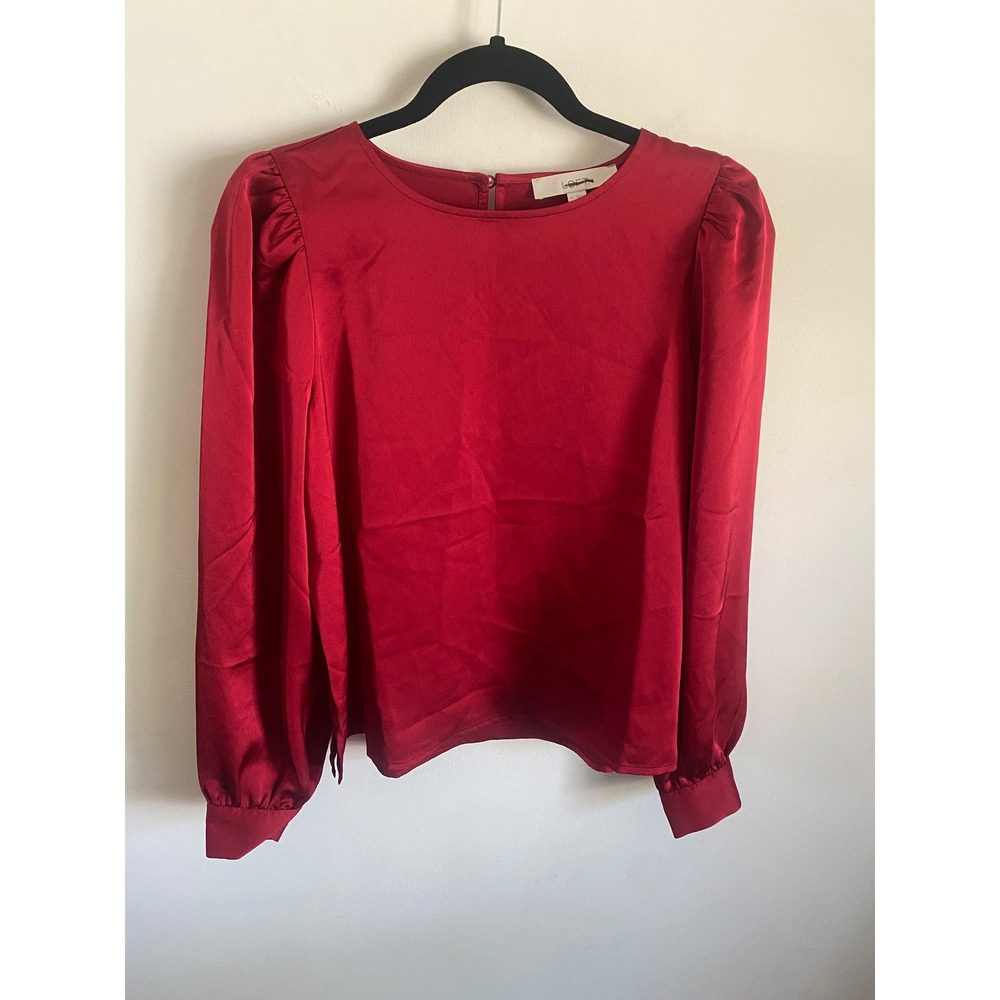 LOFT Womens Red Satin Puff Sleeve Blouse XS Long Sleeve Keyhole Back Top